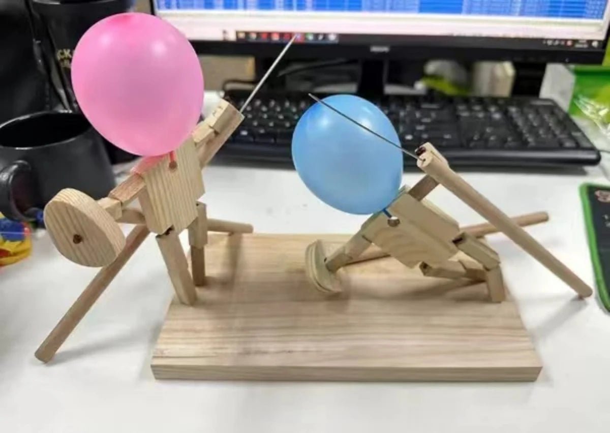 Balloon Man Battle Handmade Wooden Fencing Puppets 