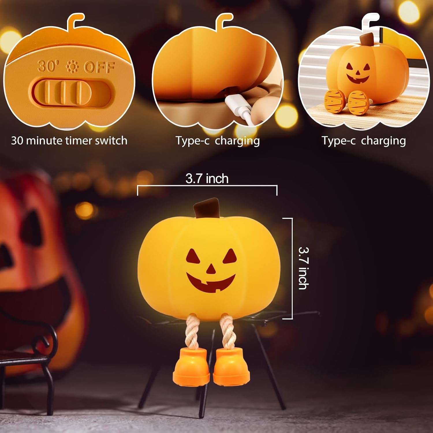 Cute Halloween Pumpkin Night Light Rechargeable for Nursery Bedroom/Halloween Decor